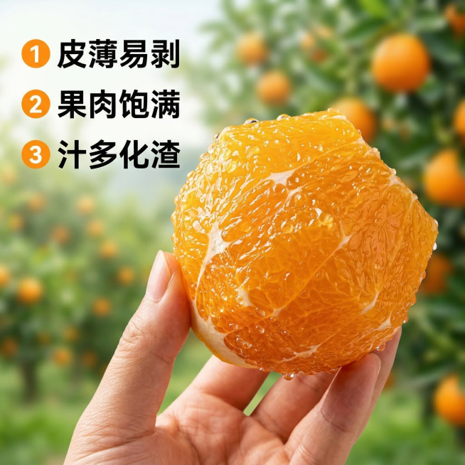 秭归脐橙核心卖点主图，展示手持去皮带果肉的方块脐橙，果肉纹理清晰表面挂满晶莹果汁水珠，背景虚化田园果林。左侧竖排标注卖点：1 皮薄易剥 2 果肉饱满 3 汁多化渣，搭配橙色圆点引导，字体为无衬线黑色加预览效果