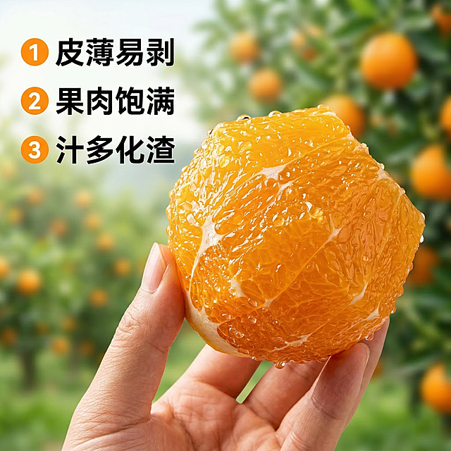 秭归脐橙核心卖点主图，展示手持去皮带果肉的方块脐橙，果肉纹理清晰表面挂满晶莹果汁水珠，背景虚化田园果林。左侧竖排标注卖点：1 皮薄易剥 2 果肉饱满 3 汁多化渣，搭配橙色圆点引导，字体为无衬线黑色加粗，文字不遮挡主体。整体自然新鲜，突出果肉质感。