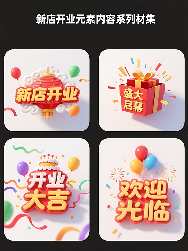 一组四个完全不同造型的新店开业元素内容系列素材集合，保持统一的3D立体卡通风格，白色纯色背景，每个元素均采用圆润可爱的字体设计，主色调为红色与黄色渐变，搭配白色高光和深色阴影增强立体感，元素周围装饰有彩色气球、彩带、波浪线等开业庆典元素，整体构图饱满活泼，四个元素呈2x2网格规整排布，分别展现不同的开业主题造型：第一个为传统灯笼与祥云环绕的"新店开业"字样，第二个是礼盒炸开效果的"盛大启幕"设计，第三个是蛋糕与彩带装饰的"开业大吉"字体，第四个是气球串与礼花点缀的"欢迎光临"艺术字，所有元素保持一致的光影效果和材质质感，营造出欢快喜庆的开业氛围。
