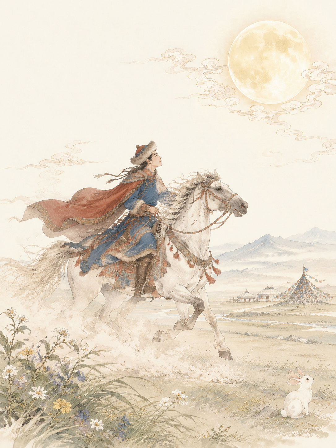 参考右侧工笔淡彩风格，将画面改为蒙古族中秋追月场景，去除所有文… - 图片创意预览