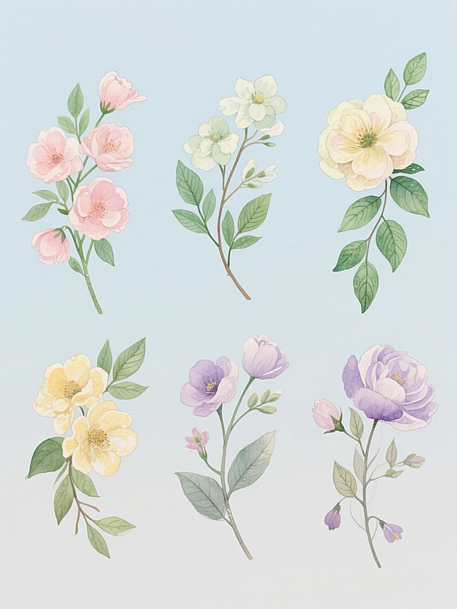 六个系列素材集合，每个素材均为不同花卉元素与绿叶枝条的组合，保持相同的水彩手绘风格，细腻的笔触质感，柔和的光影过渡，花朵层次分明，花瓣边缘自然晕染，绿叶有清晰叶脉纹理，整体构图呈优雅的自然下垂姿态，每个素材分别采用纯色背景（如浅粉、淡蓝、薄荷绿、鹅黄、浅紫、浅灰），画面整体色彩统一和谐，所有素材规整排布，形成风格统一、元素不同的花卉系列设计。