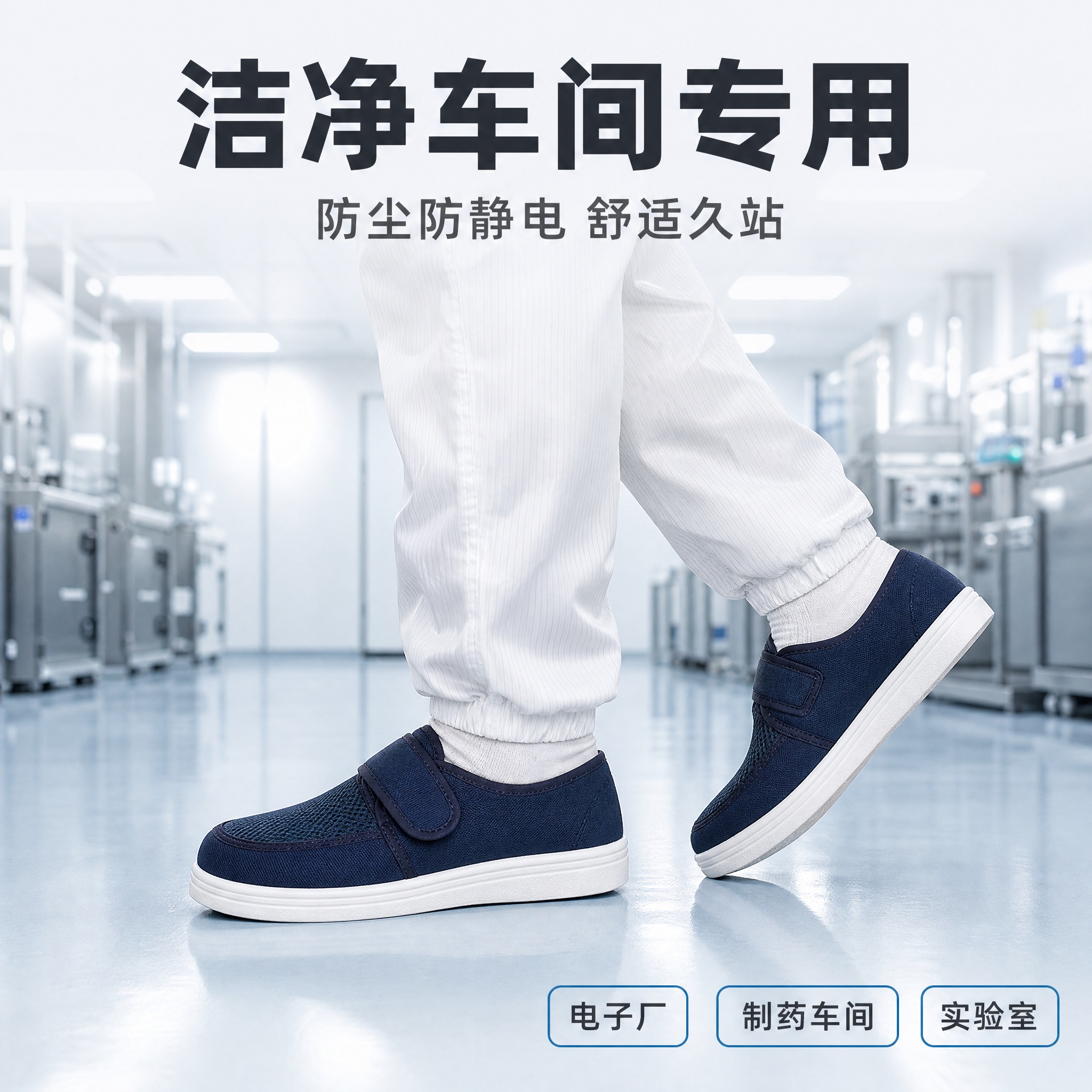 [主图-3] 洁净车间上脚场景图，主题为展示工作鞋在无尘车间的… - 图片创意预览