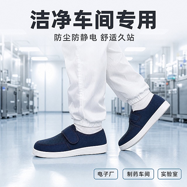 [主图-3] 洁净车间上脚场景图，主题为展示工作鞋在无尘车间的真实使用场景与穿着效果。
[统一基调] 专业洁净工业品质感，清爽浅蓝灰冷调，主标题深灰近黑色粗黑体，副标题中灰色，强调色为科技蓝，图标采用细线线性风格，整体干净利落。
[画面] 画面下半部分为一位穿着洁净服的工作人员的小腿与脚部特写，人物穿着白色洁净工作服裤装，脚穿藏青色魔术贴网面工作鞋，正行走在洁净车间的环氧地坪地面上，脚步自然迈步。背景为虚化的洁净车间环境，可见不锈钢设备、洁净灯与无尘墙面，整体冷调明亮。鞋子为视觉焦点，清晰展示鞋面网布、魔术贴结构和鞋底侧面。画面上方留白放置标题与场景标签。
[光影质感] 洁净车间冷白光环境，光线均匀柔和，鞋子表面有环境光反射，地面有轻微倒影，整体干净明亮，突出无尘洁净氛围。
[配色] 整体冷蓝灰调，背景浅蓝白，人物洁净服为白色，鞋子藏青色，主标题深灰色，场景标签用科技蓝色细边框。
[文字版式] 画面上方居中主标题大字"洁净车间专用"，下方一行副标题"防尘防静电 舒适久站"；右下角三个小型圆角场景标签横向排列："电子厂""制药车间""实验室"，标签内文字为深灰色。
[输出要求] 1:1正方形比例，2K高清，鞋子细节清晰，场景自然真实，文字锐利，无手部畸形无面部扭曲，无水印无平台Logo。