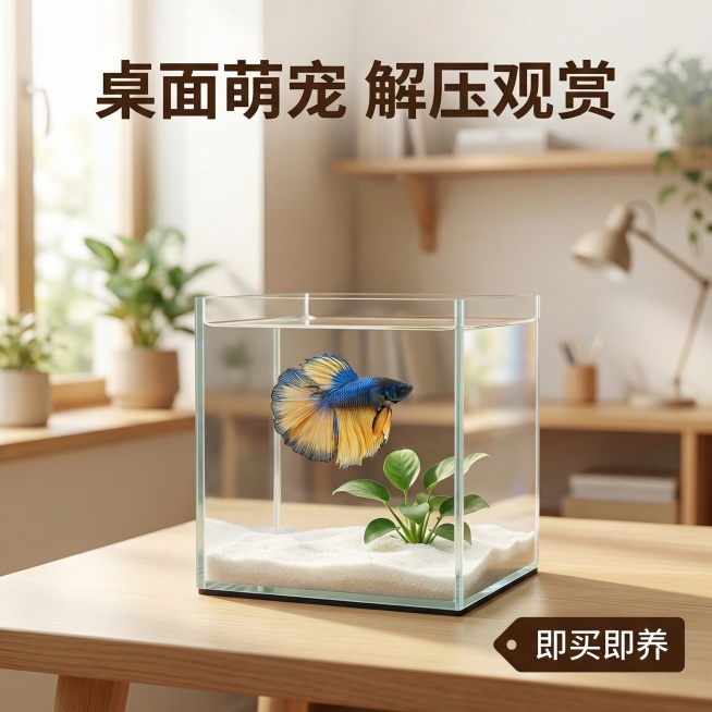 [主图 3]
[主图主题] 泰国斗鱼入户展示场景
[氛围/风格] 生活化居家场景，温馨治愈，展示饲养效果
[画面元素] 保持原图斗鱼外观完全不变，斗鱼在小型方形办公桌水族缸中居中，缸布置简约白砂+单株预览效果
