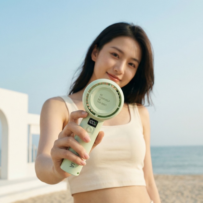低角度仰拍，一位漂亮的年轻亚洲女性在阳光明媚的海滩上，面向镜头温柔微笑。她的一只手向镜头前方展示一把小风扇（参考图），小风扇很小很小，比iPhone手机更小，产品处于视觉中心，前景对焦清晰。她穿着米白预览效果