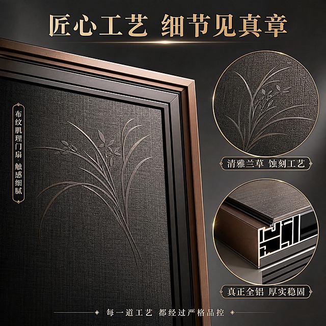 [主图-3] 材质工艺细节图，核心任务：展示全铝材质细节与兰草花纹工艺，证明产品品质与工艺水准。
[统一基调] 整体风格：高端建材商业摄影，东方雅致轻奢风；背景主色：深灰渐变+暖金点缀；标题字色：暖金色；辅助字色：米白色；强调色：古铜金；字体样式：标题用大气衬线宋体，辅助用简洁无黑体；字号层级：主标题最大，副标题缩小60%，卖点标签再缩小；卡片样式：细金线圆角卡片，轻微半透明底。
[画面] 画面采用局部特写+放大框的形式。主体是清雅兰草全铝入户门的门扇局部特写，聚焦兰草花纹区域，占画面左侧60%，展示门扇上的兰草暗纹细节、布纹肌理质感、金属边框的拼接工艺。右侧有两个圆形放大框，分别放大展示：上方放大框展示兰草花纹的精细蚀刻工艺，花纹线条流畅优雅；下方放大框展示全铝材质截面/边框细节，体现铝材厚度和金属质感。背景是深灰色渐变，简洁高端。顶部有大标题，底部有工艺说明文字。
[光影质感] 微距商业摄影质感，侧光打亮材质纹理，兰草花纹有细微凹凸光影，金属边框有高光反射，布纹门扇肌理清晰可见，细节丰富真实，体现高端工艺水准。
[配色] 主色调：深灰、古铜金、米白；细节高亮：暖金色；背景：深灰渐变。
[文字版式] 顶部主标题：「匠心工艺 细节见真章」（大号暖金色衬线字体，居中）；上方放大框标注：「清雅兰草 蚀刻工艺」（米白色小字，框下方）；下方放大框标注：「真正全铝 厚实稳固」（米白色小字，框下方）；左侧门扇特写旁有小字标注：「布纹肌理门扇 触感细腻」（竖排或横排小字）；底部一行说明：「每一道工艺 都经过严格品控」（小号米白色，居中）。
[输出要求] 比例1:1，2048x2048，细节清晰，材质真实，文字清晰可读，无错字，无杂乱元素，无水印，无平台logo，整体有高级感。