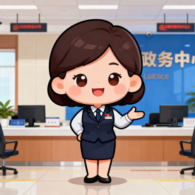 Q版卡通风格，绘制一位女性政务中心工作人员，微笑着做介绍手势，穿着职业工装，造型圆润可爱，风格明快预览效果