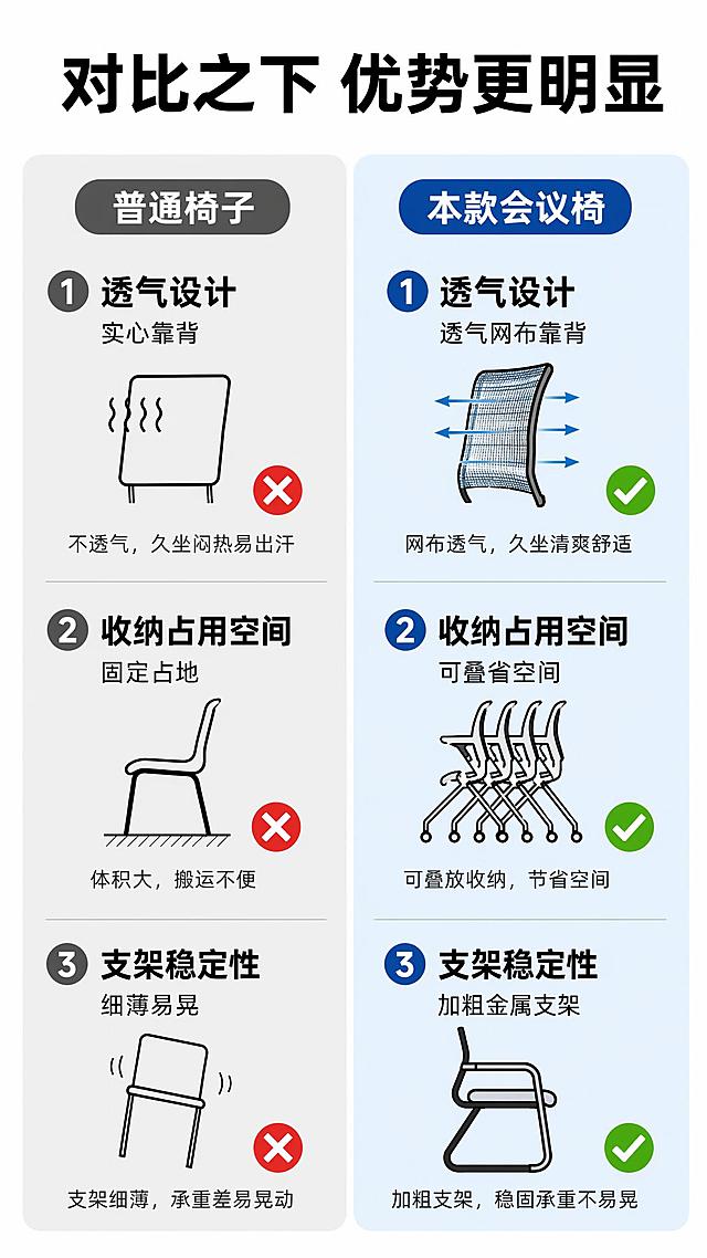 [第6屏] 设计对比-普通椅子vs本款会议椅对比。本屏无需产品主体图。
[氛围/风格] 对比清晰，简约商务排版。
[元素布局] 页面左右分栏，左侧普通椅子，右侧本款会议椅，每栏列出3项核心对比点：靠背透气性、收纳占用空间、支架稳定性。用对勾和叉号图标标识优劣，顶部大标题。
[光影质感] 均匀布光，对比清晰，文字易读，图标辨识度高。
[配色色系] 全局底色 #FFFFFF，左栏浅灰色背景，右栏浅蓝色背景，黑色文字，绿色对勾，红色叉号。
[视角构图] 左右对比分栏，信息一目了然，阅读动线从上到下。
[文字版式] 顶部标题「对比之下 优势更明显」，对比维度：透气设计vs实心靠背，可叠省空间vs固定占地，加粗金属支架vs细薄易晃。文字清晰，分栏分明，适合手机阅读。
[比例分辨率] 9:16竖版比例，分辨率 2K，文字清晰可辨，高清画质。
[负向提示词] 文字错乱，分栏歪斜，颜色刺眼，水印，排版拥挤