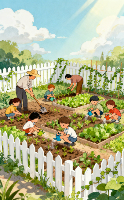 热闹的共享菜园种菜场景，园内有白色小篱笆围栏，增加更多小朋友一起参与，许多不同的人物在菜园里劳作，有人戴着帽子，有人拿着锄头耕地，有人播种，小朋友们帮忙种菜浇水，卡通风格，色彩清新自然，充满生活气息，预览效果
