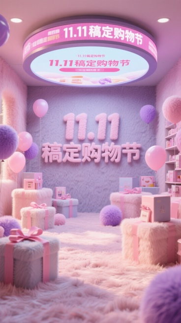 毛绒风格，"11.11稿定购物节"预览效果