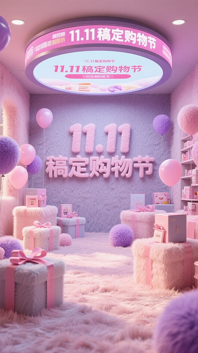 梦幻粉紫调3D空间，毛发生长风软萌礼盒与气球环绕，浮雕质感文字烘托甜蜜可爱氛围，营造双十一购物节的喜庆柔美体验。