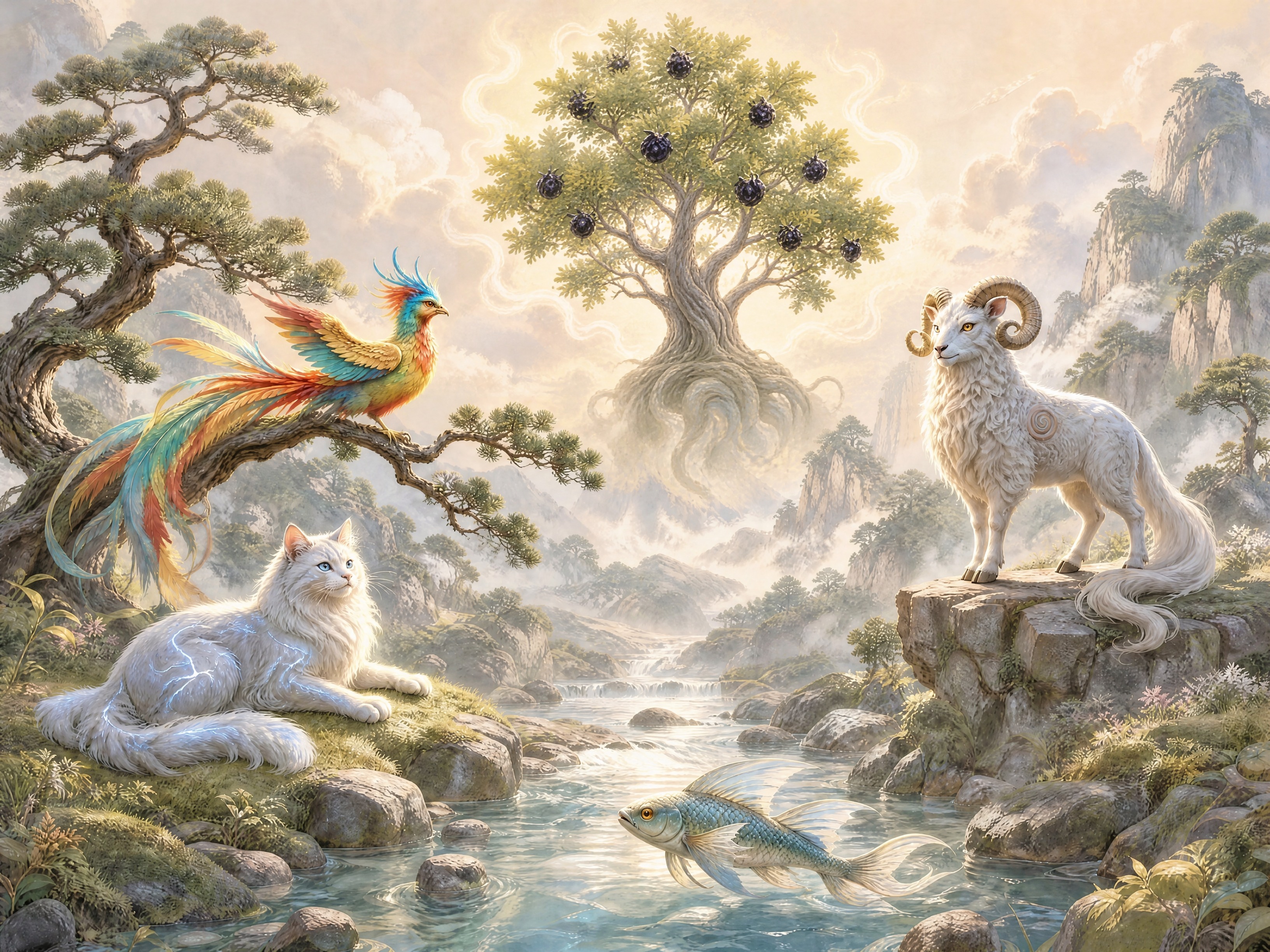 将画面上方中央飞在空中的帝江（没有脸的白色毛球、长着橙红色翅膀… - 图片创意预览