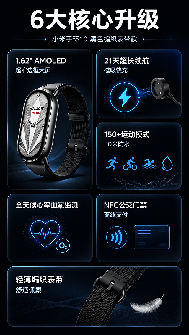 [商品] 使用【图1】小米手环10黑色编织表带款；保留椭圆形表盘、金属中框、黑色编织表带的整体结构与颜色；产品图嵌入功能卡片中，清晰展示表盘正面。
[画面] 目标：核心卖点总览，6大功能卡片瀑布流布局。构图：左1大卡+右2小卡交替的瀑布流，共6张卡片。大卡嵌入手环产品图，小卡配功能图标与简短说明。产品占画面约30%，分布在不同卡片中。背景为深色科技空间，卡片悬浮带微弱投影。阅读动线：顶部标题→自上而下逐行浏览卡片。
[视觉] 套系策略：风格=深色科技商业摄影风；标题字=现代无衬线粗黑体；正文字=简洁无衬线体；主色=深空黑；背景延展=基于深空黑做蓝紫渐变光晕、细腻磨砂质感；强调色=科技蓝，仅用于图标、引线、标签和卡片边框光效；标题色=纯白；正文色=浅灰蓝；组件=圆角半透明玻璃质感卡片、细线图标、发光标签；光影=均匀环境光，卡片边缘微发光。
[文字] 顶部主标题「6大核心升级」，6个卖点卡片分别为：「1.62" AMOLED超窄边框大屏」「21天超长续航 磁吸快充」「150+运动模式 50米防水」「全天候心率血氧监测」「NFC公交门禁 离线支付」「轻薄编织表带 舒适佩戴」，每张卡片横排文字，不遮挡产品主体。
[规格] 图片比例9:16竖版，4K分辨率，避免变形、错字、文字过小、产品颜色改变、纯白底icon宫格。