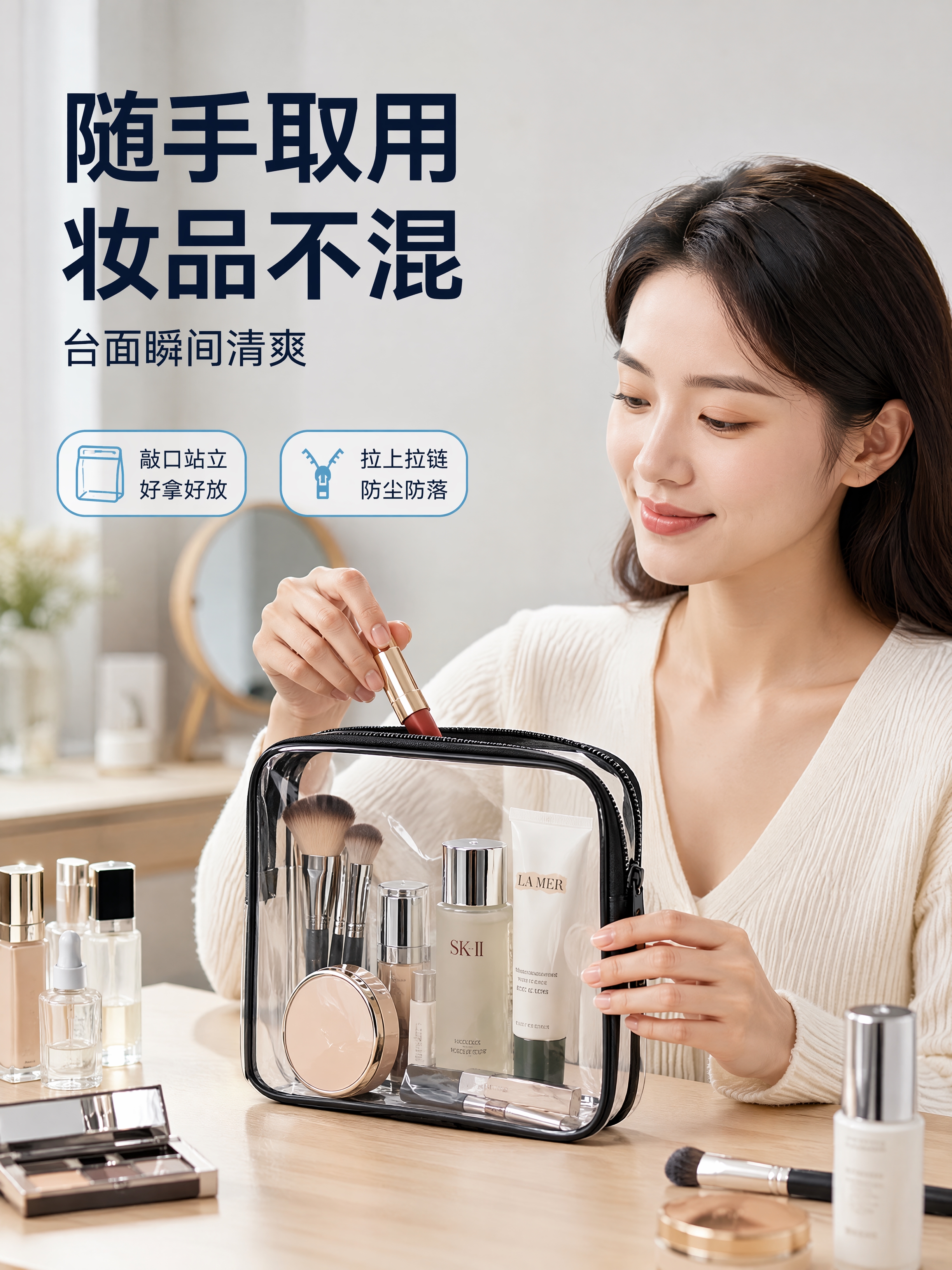 [商品] 使用产品图（PVC透明拉链袋）。保留长方形袋身、顶部… - 图片创意预览