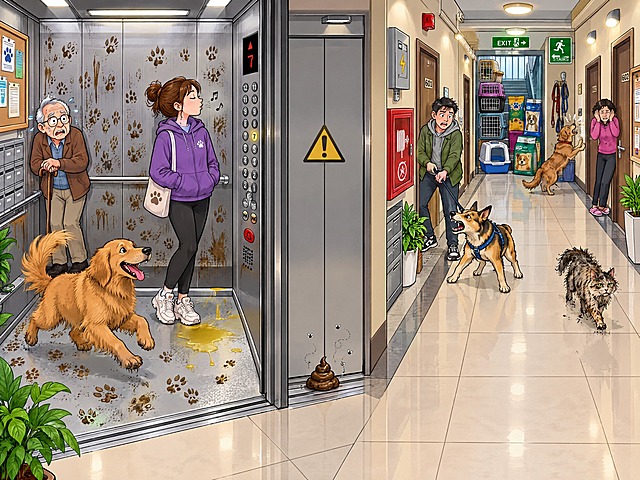 一张卡通插画风格的小区电梯与楼道场景图，用于找茬游戏，画面细节丰富、色彩明快。画面展现电梯内外及楼道中的多种不文明养宠行为：1.电梯内一只大型犬没有牵绳，自由乱窜，吓得旁边的老人紧贴墙角；2.电梯地面上有一滩宠物尿渍，主人假装没看见；3.楼道里一只狗在狂吠，邻居被吵得捂耳朵；4.电梯门口一只狗的粪便没人清理，挡住了电梯门；5.一位住户牵着狗进电梯，狗没有戴嘴套，对着其他乘客龇牙；6.楼道消防通道里堆放着宠物笼子和宠物用品，堵塞了逃生通道；7.一只猫在楼道里乱跑，没有主人看管，身上脏兮兮的；8.电梯墙壁上有很多狗爪印，是宠物乱抓留下的痕迹。背景有电梯轿厢、楼层按钮、楼道走廊、住户家门、消防栓、电表箱、楼道灯等元素，整体是居民楼内的日常场景。画面元素丰富，适合做找茬游戏。