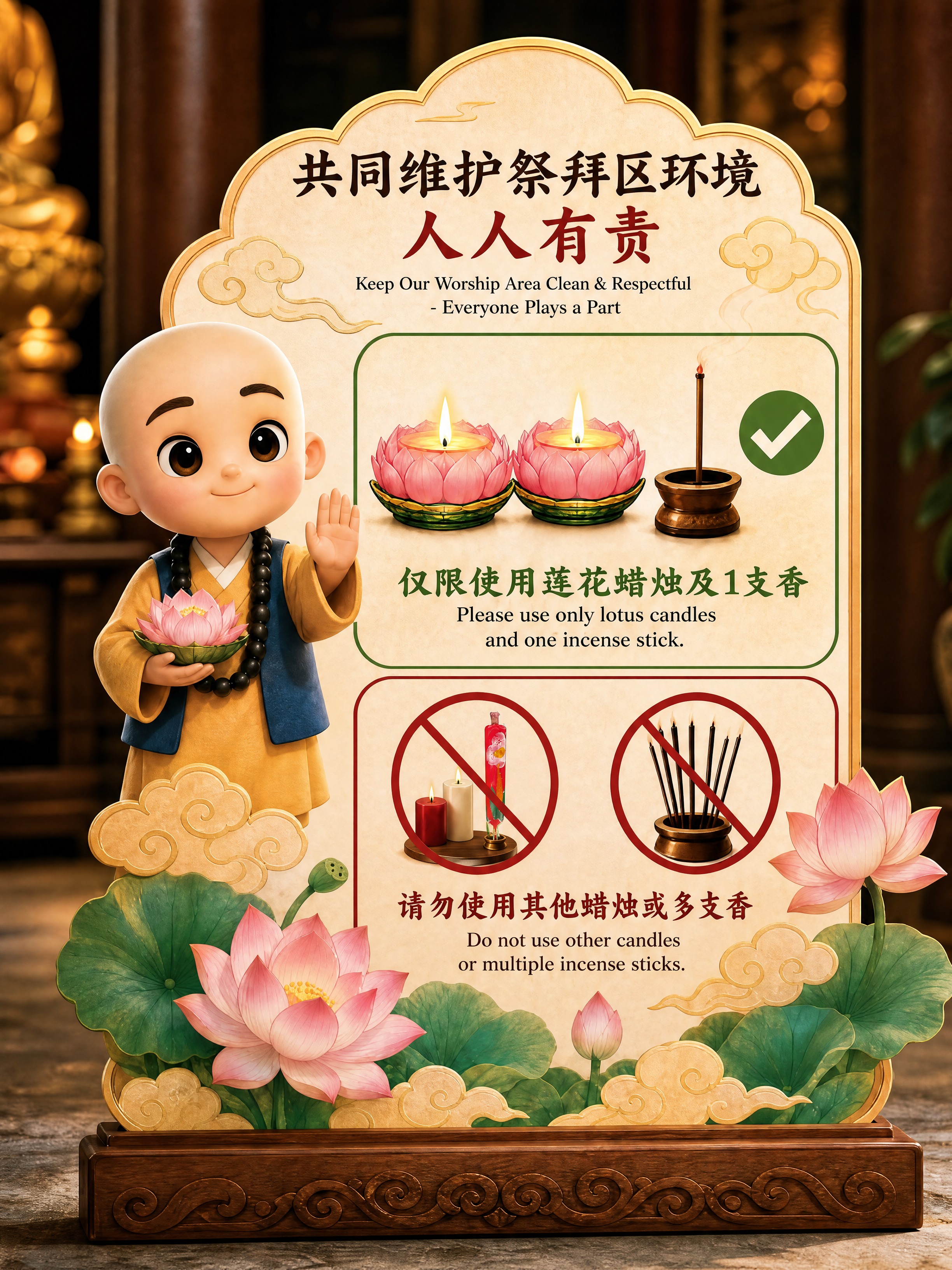 保留图一祭拜区提示站立牌的全部设计不变：竖版立牌、祥云弧形顶部… - 图片创意预览