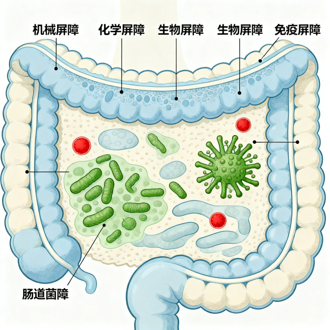 医学科普插画展示人体肠道的四大屏障，清晰标注四个屏障分别为：机械屏障、化学屏障、生物屏障、免疫屏障，结构清晰，科学准确，风格专业易懂，配色舒适预览效果