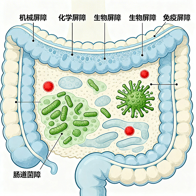 医学科普插画展示人体肠道的四大屏障，清晰标注四个屏障分别为：机械屏障、化学屏障、生物屏障、免疫屏障，结构清晰，科学准确，风格专业易懂，配色舒适