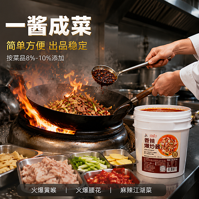 [主图-4] 香辣爆炒酱使用场景图 后厨炒菜应用。
[氛围风格] 真实餐饮后厨场景，烟火气十足，展示一酱成菜的便捷使用；
[画质] 商业纪实摄影质感、光线自然真实、场景生动有代入感、画面清晰高级；
[元素] 画面中央是商用猛火灶，大号铁锅中正在翻炒火爆腰花，锅气升腾，火焰微微窜起，动感十足；厨师手部（仅露出小臂与手部，穿白色厨师服袖口）持锅铲正在翻炒，动作自然。灶台右侧台面上放着打开的白色大桶香辣爆炒酱，旁边有一个不锈钢料勺，勺中盛有酱料，正要加入锅中。背景是商用厨房不锈钢墙面与排烟罩，虚化处理，体现专业餐饮环境。灶台边摆放备好的食材盘：切好的腰花、黄喉、葱段、姜片、辣椒段。**保持产品桶外观（即物理结构、材质质感、颜色、标签内容）与输入产品图一致，杜绝任何变形和色差，精细化处理；产品自然摆放在台面上，有真实接触与投影**。商品主体占比约40%，场景丰富真实。
[光影] 灶台暖光与厨房顶灯结合，火光映红锅底与食材，整体暖调烟火气；桶身受环境光影响，正面明亮，侧面有自然阴影；蒸汽与锅气带柔光效果，氛围真实。
[配色] 主色调暖橙红（火光与菜品）+ 不锈钢银灰；辅助色白色（厨师服与桶身）、深灰（灶台）；字色用白色与暖黄，在深色背景上清晰。
[视角构图] 侧面平视角度，炒锅为动作中心，酱料桶在右侧待命，形成使用逻辑动线；中景构图，场景完整，人物仅露手部规避面部与复杂结构。
[文字版式] 左上负空间左对齐，主标题大字「一酱成菜」，白色粗体最大号带轻微暖黄描边；下方辅助文案「简单方便 出品稳定」，暖黄色中号；再下方小字「按菜品8%-10%添加」，白色小号。底部有半透明深色蒙层条，两端留空，内有三个短句横向排列：「火爆黄喉」「火爆腰花」「麻辣江湖菜」，白色字，用竖线分隔。所有文字横排，清晰可读，不遮挡主体动作。
[输出要求] 1:1比例，文字清晰锐利，超高清商业摄影质感；
[负向提示词] 变形，文字错乱，产品图模糊，背景杂乱，水印，电商平台Logo，极限词，价格，旗舰店字样，二维码，多余的手，畸形手，手指扭曲，人物面部。