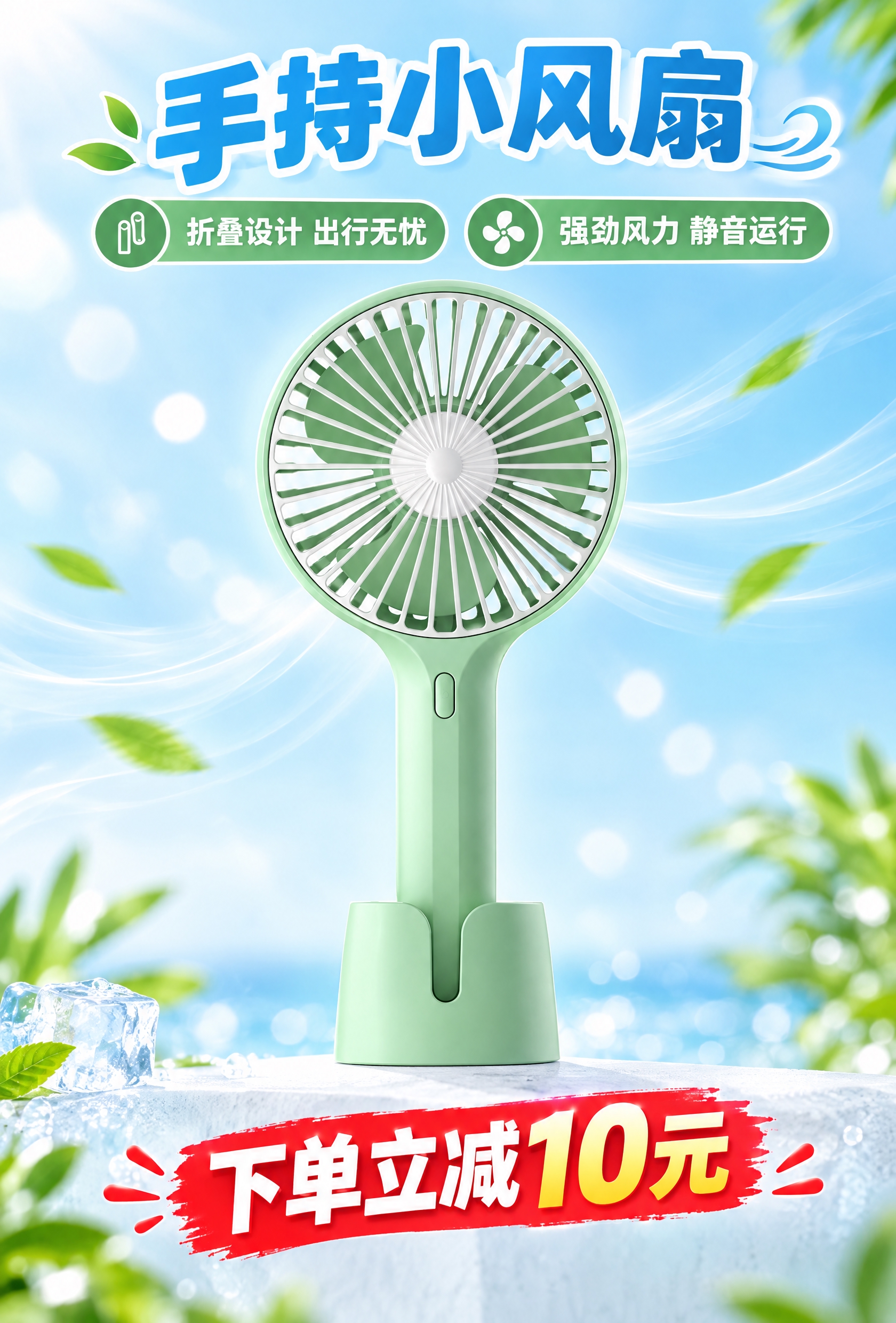 电商主图，浅绿色手持小风扇为画面主体，居中展示，保留产品的折叠… - 图片创意预览