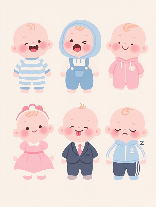 六个可爱的婴儿小孩，采用简洁圆润的卡通插画风格，线条柔和流畅，色彩明快清新，主色调为柔和的粉色、蓝色等马卡龙色系，脸部带有自然的红晕，表情各不相同，分别为开心大笑、好奇眨眼、呆萌打哈欠、安静微笑、调皮吐舌和困倦打盹，他们穿着六种不同的服饰，包括条纹连体衣、带帽卫衣、背带裤、公主裙、小西装和运动服，整体以浅色背景规整排列，每个婴儿姿态自然可爱，保留原图中婴儿的圆润头部和柔和五官特征，画面充满童真童趣。
