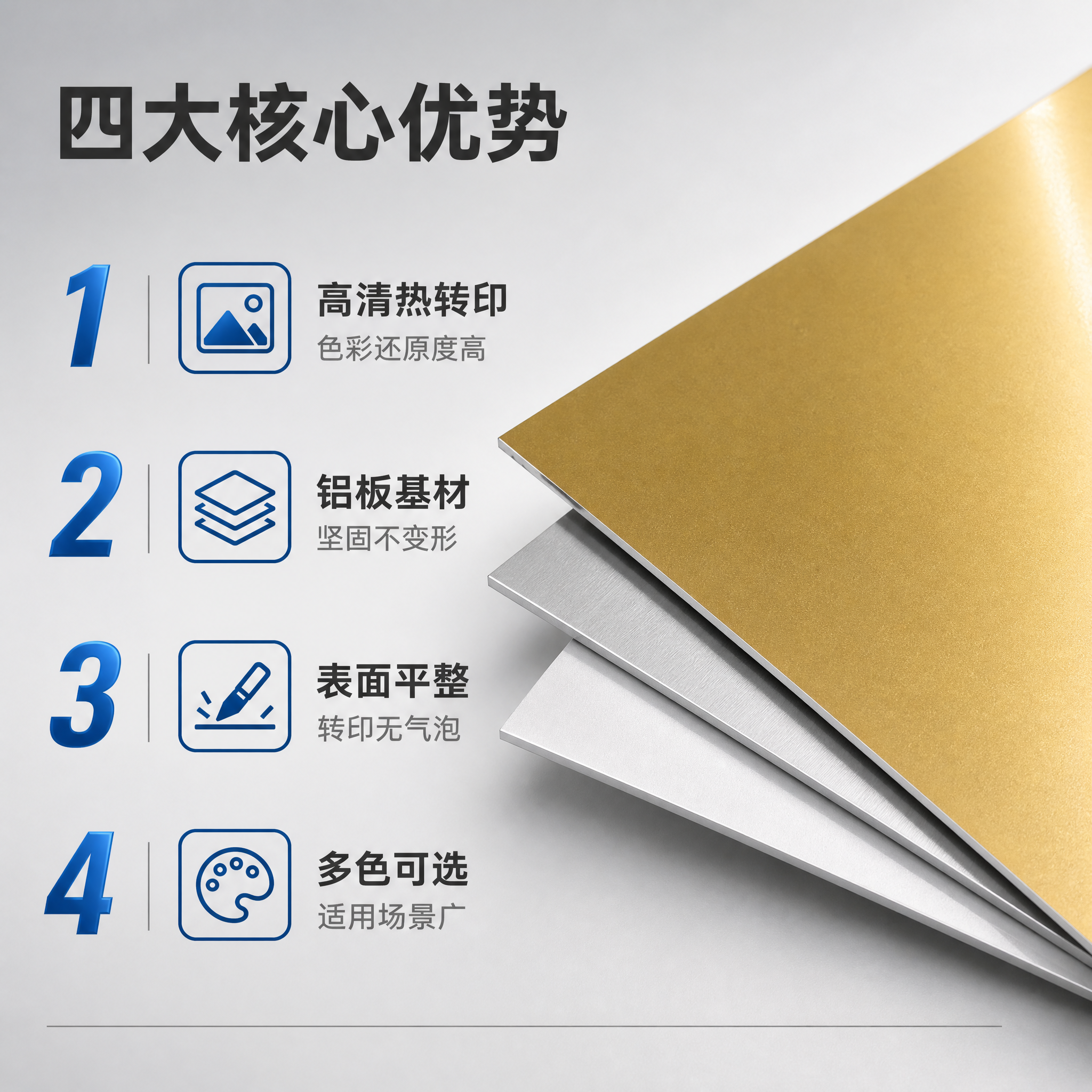 [主图-2] 热转印铝板 产品亮点卖点图，展示热转印铝板的四大… - 图片创意预览