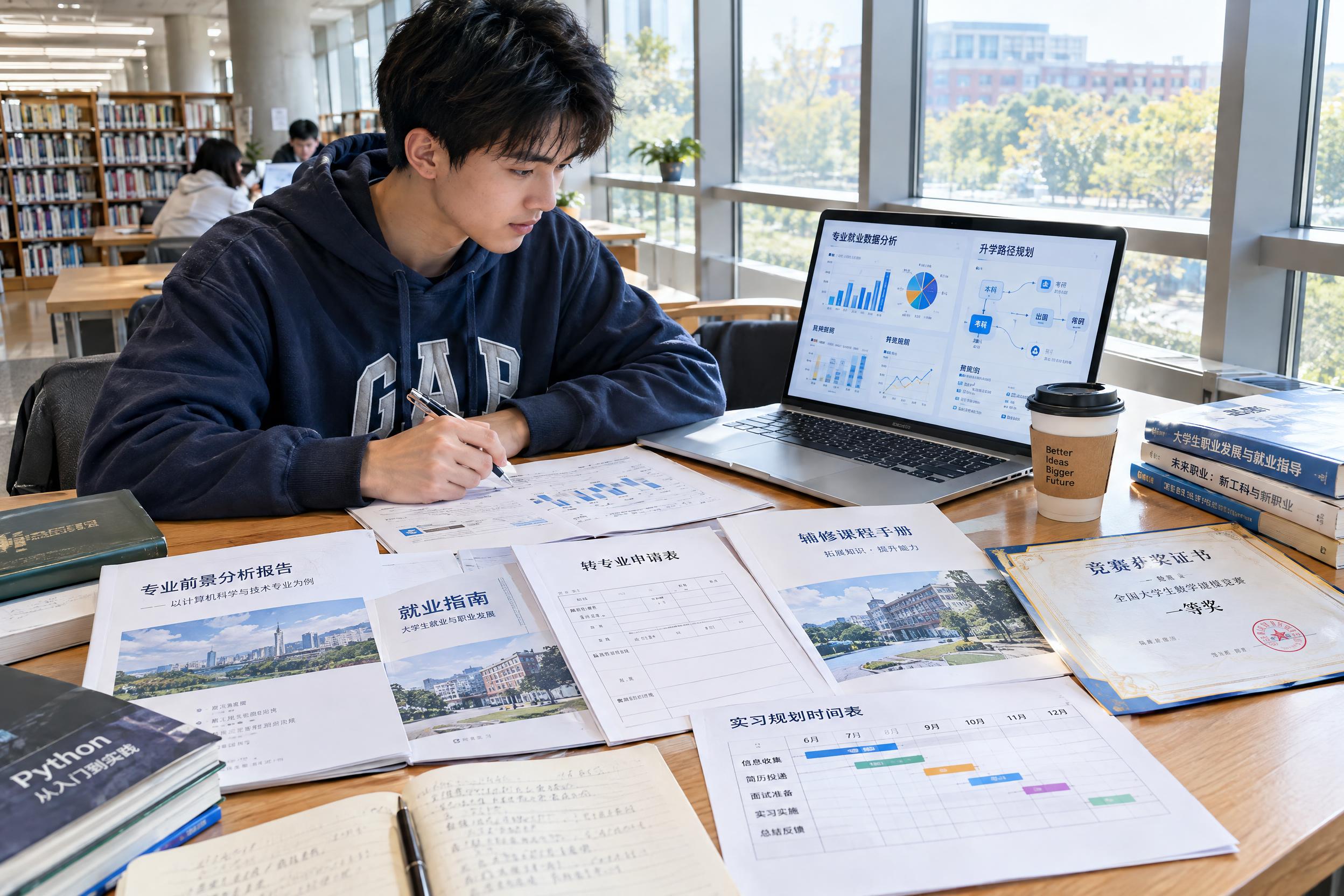 写实摄影照片，大学生学业规划场景，明亮的大学图书馆内，一名大学… - 图片创意预览
