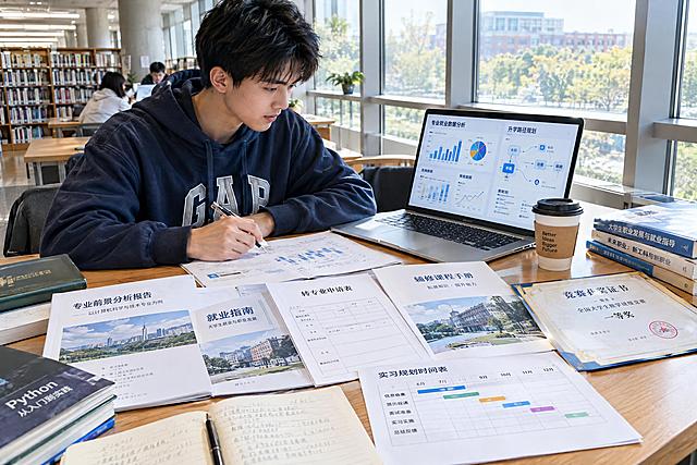 写实摄影照片，大学生学业规划场景，明亮的大学图书馆内，一名大学生坐在书桌前，桌上摊开着专业前景分析报告、就业指南、转专业申请表、辅修课程手册、竞赛获奖证书、实习规划时间表，笔记本电脑屏幕上显示着专业就业数据图表和升学路径规划图，旁边放着咖啡杯和书本，自然光从落地窗洒入，专注学习的氛围，高清细节，真实光影，专业摄影质感