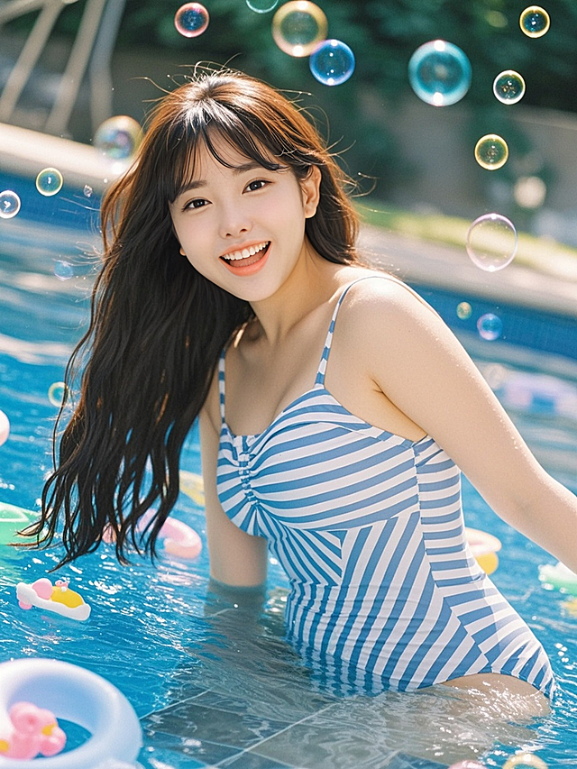 一个长发女生在泳池里，大码连体泳衣，半身露出水面，开心神态，水面漂浮着玩具