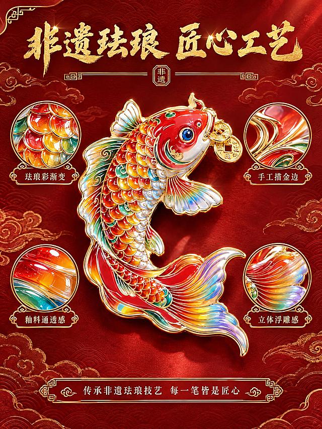 [商品] 使用【图2】鸿运当头锦鲤款台历图，聚焦珐琅锦鲤立体工艺部分；保留锦鲤的珐琅彩渐变色彩（红、橙、金、蓝、绿）、金属描边、鱼鳞纹理、口衔铜钱造型；大幅增强珐琅釉料的通透感和金属描边的光泽度。
[画面] 页面目标：细节工艺展示，突出非遗珐琅立体工艺的精致质感。构图：中央特写构图，台历上半部分的珐琅锦鲤占据画面核心，占画面约60%；锦鲤呈跃动姿态，鱼鳞片片分明，珐琅色彩渐变过渡自然；画面左侧和右侧各有两个圆形细节放大窗口，分别展示鱼鳞珐琅渐变、金边线工艺、珐琅釉料肌理、立体浮雕层次四个细节；底部有工艺说明文字区。
[视觉] 套系策略：风格=国潮非遗高端商业微距摄影；标题字=大气烫金书法体；正文字=精致宋体；主色=中国红；背景延展=深红渐变+金色祥云纹样+暗纹底纹；强调色=烫金色，仅用于标题、图标、装饰线条和珐琅描边；标题色=烫金色；正文色=米白色；组件=祥云纹金边卡片、传统回纹边框、圆形印章元素；光影=侧逆光突出浮雕立体感，珐琅表面有明亮高光和环境反射，红色纸面纹理清晰可见。
[文字] 顶部主标题"非遗珐琅 匠心工艺"烫金书法体居中；四个细节窗口下方分别标注"珐琅彩渐变"、"手工描金边"、"立体浮雕感"、"釉料通透感"金色小字；底部说明文字"传承非遗珐琅技艺 每一笔皆是匠心"米白色宋体；所有文字横排，不遮挡核心工艺细节。
[规格] 图片比例3:4竖版，2K分辨率，避免变形、错字、文字过小、颜色失真、珐琅质感平、过度曝光、平台Logo水印。