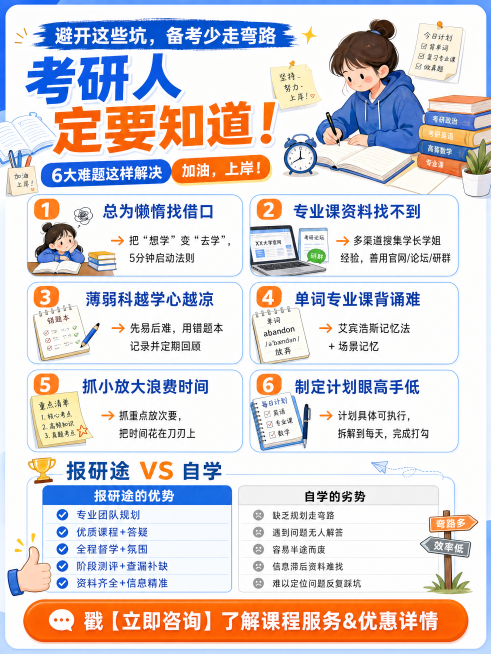竖版考研备考信息图海报，比例3:4，整体现代简洁风格，蓝橙白配色，添加手绘风格的学生看书、做笔记学习小插画，文字清晰排版干净。文案布局：
顶部文字："避开这些坑，备考少走弯路"
主标题大字："考研人预览效果