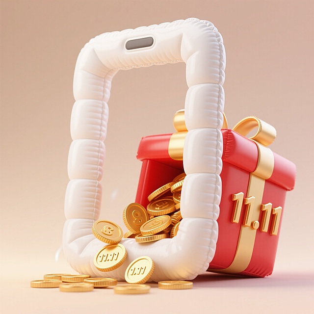 软3D风格充气手提袋包裹红色礼盒，金币倾泻而出，喜庆与促销感十足，节日氛围浓厚。