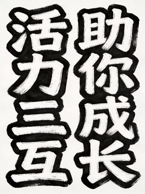 重新生成设计：八个字"活力三互助你成长"，竖版双列排列，左列活力三互，右列助你成长，增大字间距和列间距，纯白色字体，黑色描边，纯色无渐变，纯白色背景，黑板粉笔手绘风格，保留粗壮笔触，没有印章装饰。预览效果