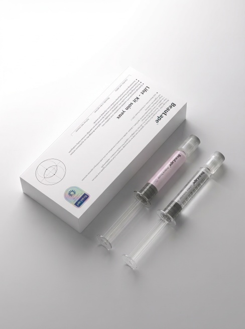 小红书美妆护肤品牌封面海报，BeauLape® 眼部护理双支针管套装，包含淡粉色Proteine Booster与透明Lifet Booster针管，搭配白色简约包装盒，极简高级感医美科技风，纯白+浅预览效果