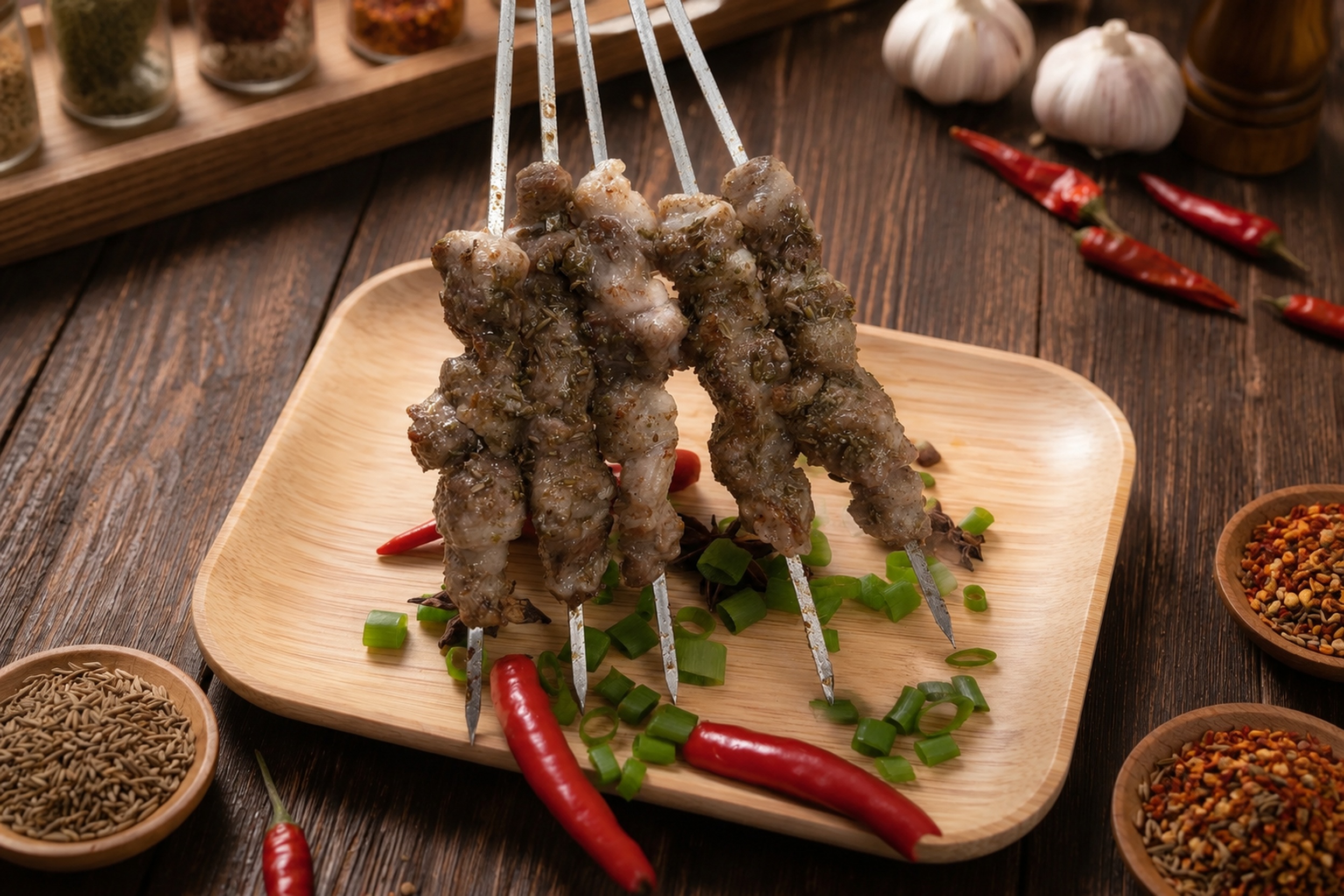 保持原图的烤串、配料和竹制餐盘不变，更换背景为参考图一致的深木… - 图片创意预览