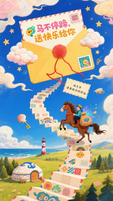 温暖绘本风格，一条由各种图案的信封和邮票拼接而成的空中邮路（邮票边缘翘起、信封口露出微光）呈螺旋上升的阶梯状；邮路连接着草原上的蒙古包、林间小木屋、海边灯塔等童话场景，周围飞舞着系红绳的钥匙、会说话的预览效果