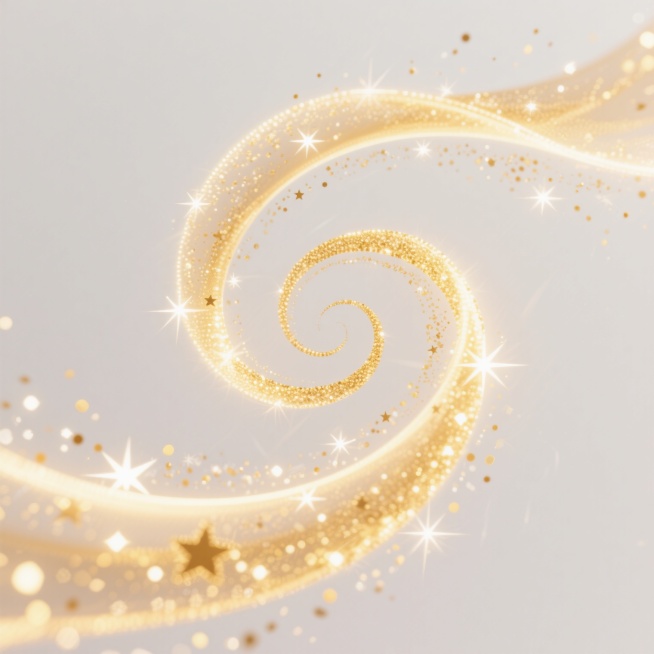 白色背景上，金色流光以优雅的螺旋上升造型呈现，由细腻的金色粒子和闪烁的星星点点组成，光带边缘柔和渐变，内部星光璀璨，整体呈现出轻盈飘逸、动感十足的视觉效果，流光轨迹流畅自然，粒子分布疏密有致，营造出梦幻而华丽的氛围。预览效果