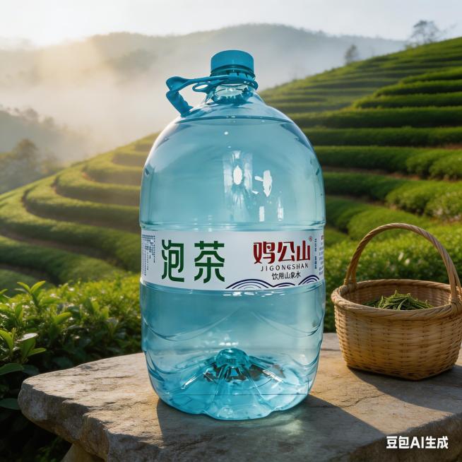 信阳茶山梯田户外泡茶场景，保持原鸡公山泡茶山泉水桶形状和标签文字不变，禁止任何额外文案，大水桶放置在茶山观景处的石桌上，周围是层层叠叠的绿色茶园梯田，采茶竹篮放在一旁，清晨山间有薄雾，阳光穿过茶园，呈预览效果