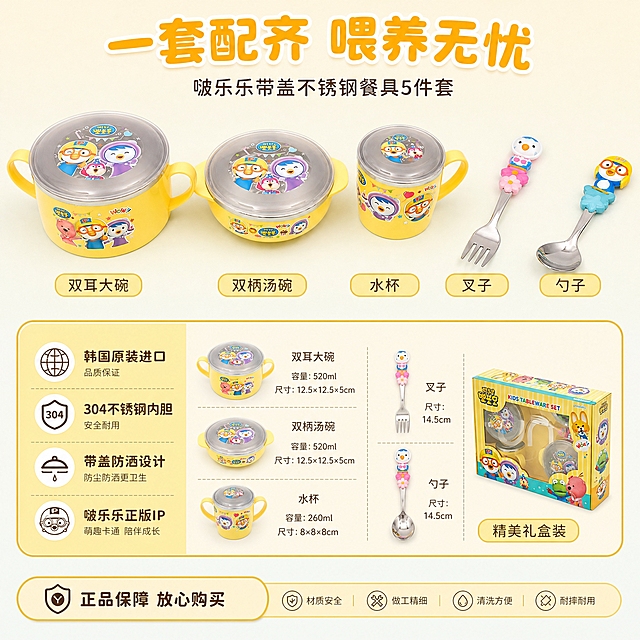 [主图-5] 套装全家福与规格转化图，清晰展示5件套全部配件及尺寸规格，让用户一眼看懂到手内容。
[统一基调] 明亮活泼童趣感，干净通透，柠檬黄+奶油白主色，浅薄荷绿背景，自然柔光，圆润卡通黑体标题，圆角规格卡片，整体温馨可爱。
[画面] 画面上方为5件套餐具整齐平铺陈列：双耳带盖大碗、双柄带盖汤碗、带盖水杯、立体手柄叉子、立体手柄勺子，呈扇形展开排列在浅奶油色背景上，每件产品下方对应一个圆角小标签标注名称。画面下方为规格信息区，用简洁的图标+文字列出容量/尺寸/材质信息，旁边展示产品包装盒的缩略图。版式为上方产品阵列+下方规格卡片的上下结构，与前四张版式都不同，承担购买决策转化功能。
[光影质感] 商业产品平铺摄影质感，柔和顶光，产品下方有轻微自然投影，不锈钢内胆反光均匀，碗身颜色准确，图案清晰。
[配色] 主色奶油白+柠檬黄，规格卡片明黄底深字，标题字深橙黄，说明文字深灰，整体干净利落。
[文字版式] 顶部大标题"一套配齐 喂养无忧"。5件产品下方标签分别为"双耳大碗"、"双柄汤碗"、"水杯"、"叉子"、"勺子"。下方规格区用图标+文字列出："韩国原装进口"、"304不锈钢内胆"、"带盖防洒设计"、"啵乐乐正版IP"。底部一行小字服务承诺"正品保障 放心购买"。右侧小图展示产品包装盒，标注"精美礼盒装"。文字层级清晰，不拥挤。
[输出要求] 1:1正方形，2048*2048，产品清晰不变形，文字清晰可读，无水印无平台Logo。负向：变形、错字、模糊、水印、平台Logo、杂乱、产品重叠遮挡。