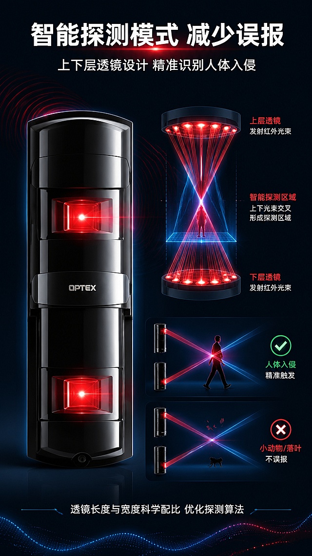 [第5屏] 智能探测原理——上下层透镜设计与误报减少机制。本屏使用【图1】作为产品主体。
[氛围/风格] 深色科技风，光学原理示意感，专业技术图解风格，商业摄影+光线示意结合。
[元素布局] 产品正面置于画面左侧，占比约35%；右侧为透镜光学原理示意图：上下两层透镜分别发出红外光束，光束交叉形成智能探测区域；画面示意人体入侵时被精准探测，而小动物/落叶等穿过时不误报的对比效果；背景有红外光波纹路。
[光影质感] 产品正面清晰打光，透镜区域有红色/红外色发光效果突出，光束线条明亮有层次。
[配色色系] 全局底色 #0A1929；主色红外红 #E53935；辅助色科技蓝光束、白色说明文字、绿色正确探测标识。
[视角构图] 左右构图，产品在左，原理示意在右，阅读动线从产品透镜→光束→探测区域说明。
[文字版式] 顶部主标题「智能探测模式 减少误报」，副标题「上下层透镜设计 精准识别人体入侵」；原理示意区配2组对比标注：「人体入侵 精准触发」配对勾图标，「小动物/落叶 不误报」配叉号图标；底部补充说明「透镜长度与宽度科学配比 优化探测算法」；文字层级清晰，技术说明专业易懂。
[比例分辨率] 9:16竖版比例，宽度1440px，4K分辨率，文字清晰可辨，高清画质。
[负向提示词] 产品变形，结构错误，颜色偏差，水印，文字错乱，文字过小，画面模糊。