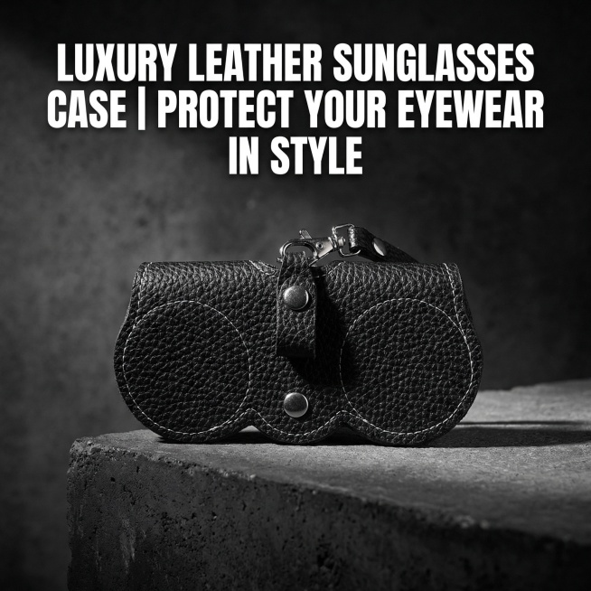 Minimalist e-commerce main image for black leather sunglasses case. Placed on dark grey concrete bac预览效果