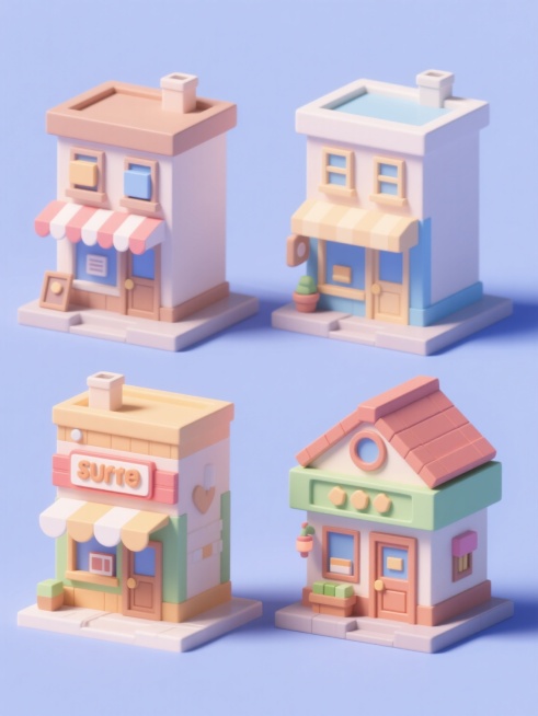 一套四个3D卡通风格建筑模型的系列素材集合，每个模型均为同类目的店铺建筑，保持统一的低多边形Q版造型、圆润边角和简洁几何体块结构，采用纯色背景且每个模型拥有完全不同的整体色彩搭配，元素类目不变但内容完全不同（如不同样式的招牌、门窗、屋顶、门前装饰），所有模型规整排布，具有平滑的材质质感和柔和均匀的光影效果。预览效果