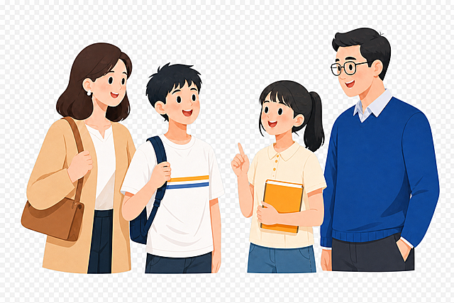 将图中的四个人物（两位家长和两位学生）完整地单独抠出来，去除所有背景元素，保留透明背景，人物边缘清晰干净，细节完整