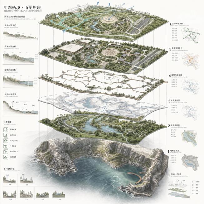 基于参考总平面图，生成高端建筑竞赛级景观结构爆炸轴测分析图，拟真空间与分析图融合风格，整体具有强烈自然地形特征与生态层次，整体采用垂直爆炸分层(Z轴分离)，每一层为完整场地系统，均匀悬浮排列。包含:1预览效果