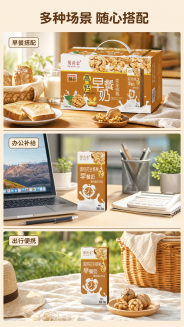 [第5屏] 多场景饮用种草-高钙花生核桃早餐奶。本屏使用【图1】作为产品参考。
[氛围/风格] 生活场景拼接种草，自然真实，温馨烟火气，多图拼接清晰有食欲。
[元素布局] 采用竖拼三段式结构，每个场景预览效果