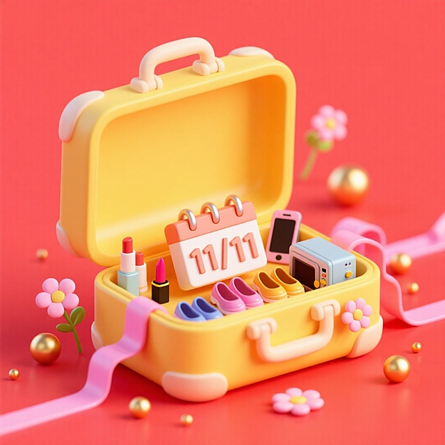 一个打开的亮黄色大手提箱，箱内有一个醒目的“11/11” 日历牌，日历牌旁许多商品（鞋子、口红、手机、家电等），周围环绕粉色丝带、金色小球、花朵等元素装饰，背景为亮红色，超强的促销感。