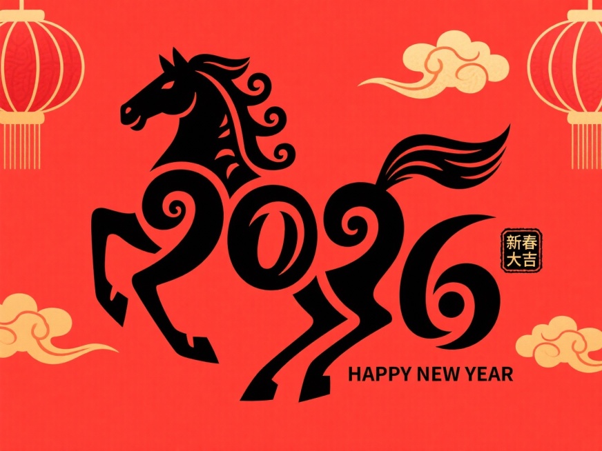 背景为纯红色，主体是黑色传统剪纸风格的奔腾骏马造型 —— 马身巧妙融合 “2026” 数字（“2” 化作马颈、“0”“6” 嵌入马身），线条流畅且带有剪纸特有的卷曲装饰感；马形旁点缀一枚黑色中式印章，预览效果