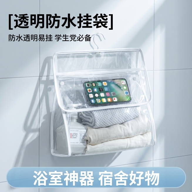 [主图 1] 透明防水挂袋浴室场景首图；[氛围风格] 清爽舒适宿舍浴室风，干净明亮自然通透；[画质] 商业摄影质感、光线柔和通透、产品清晰真实、画面干净高级；[元素] 白色透明防水挂袋悬挂在浅灰色瓷砖预览效果