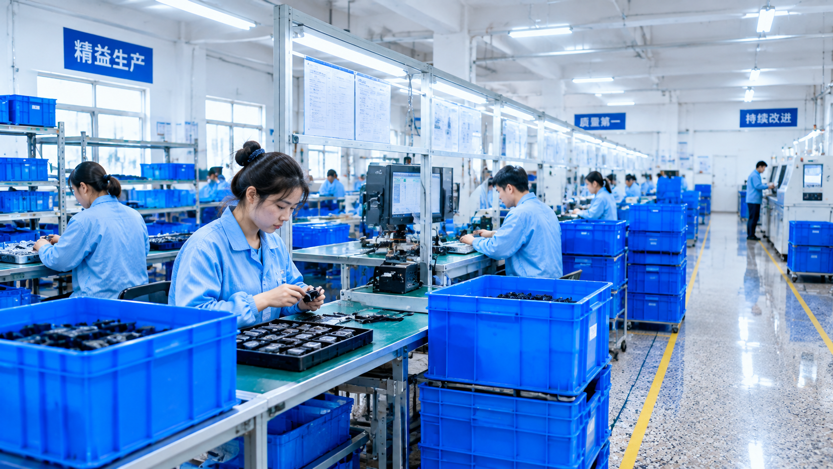 参考图1的电子厂车间风格，蓝色塑料周转箱、工作台、水磨石地面、… - 图片创意预览