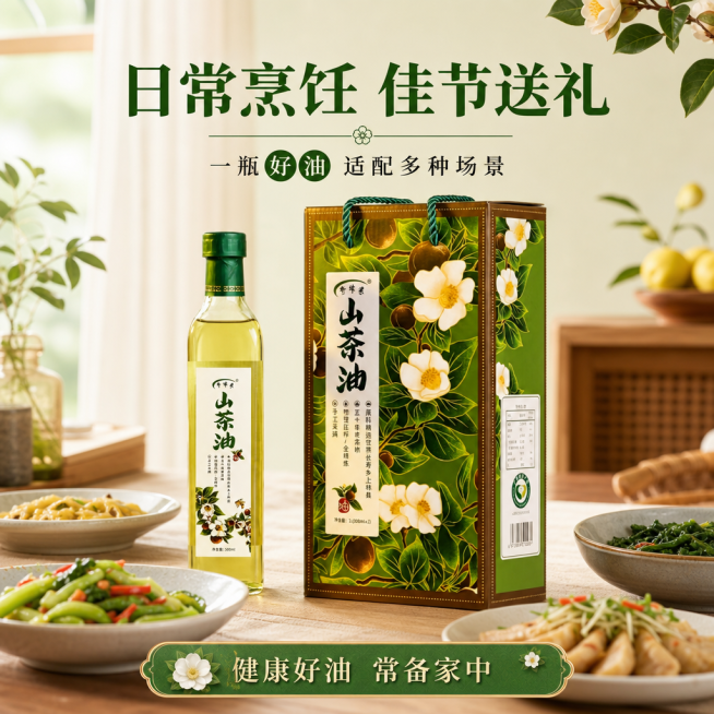 [第5屏] 场景礼赠展示屏，展示乔绿浪山茶油既是日常烹饪好油，也是送礼佳品，本屏使用【图1】展示礼盒产品
[氛围/风格] 温馨生活风，礼盒氛围感，真实餐桌场景质感
[元素布局] 山茶油礼盒放置在整洁中预览效果